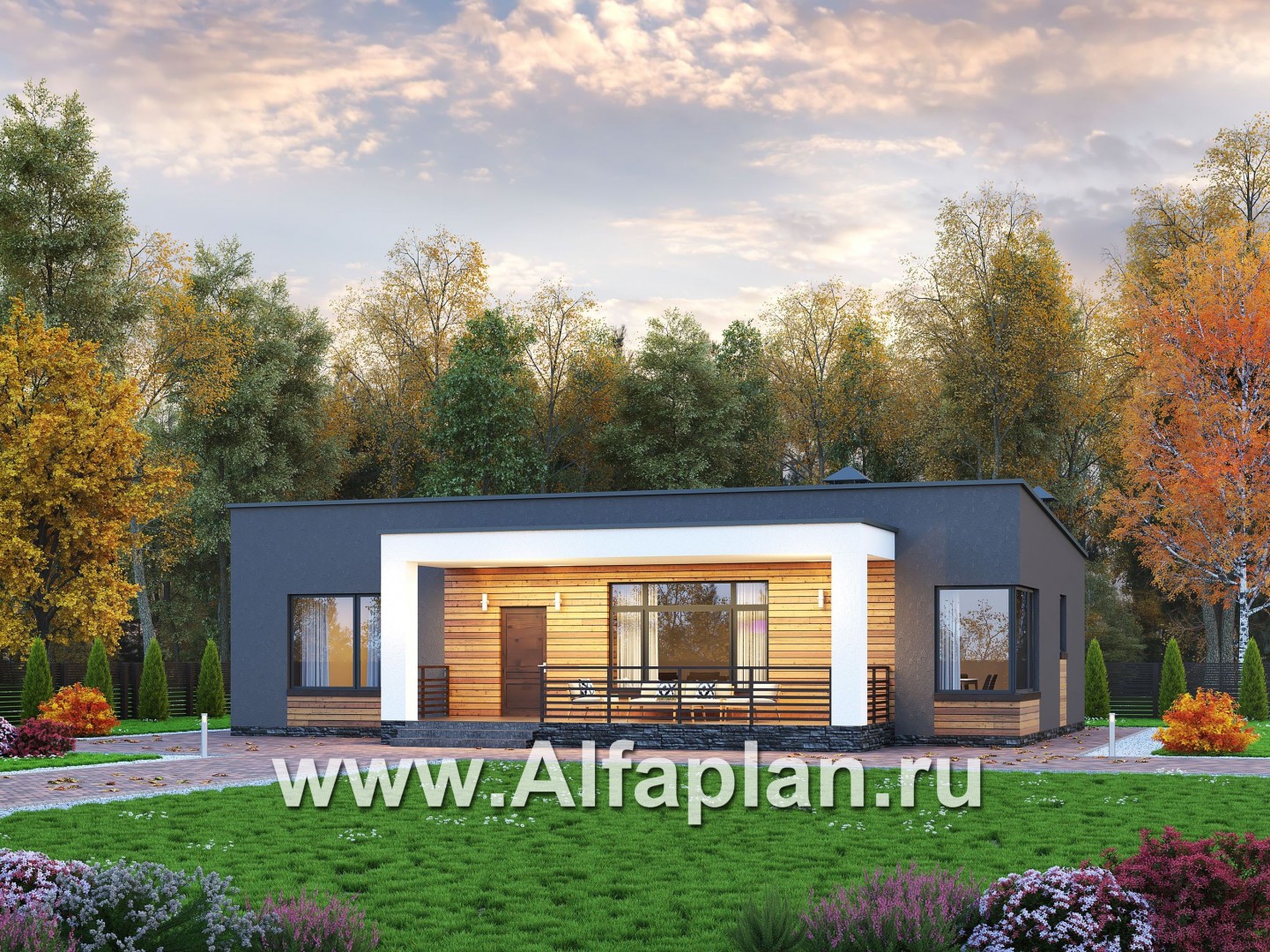 Проекты домов Альфаплан - Проект одноэтажного дома с тремя спальнями - основное изображение