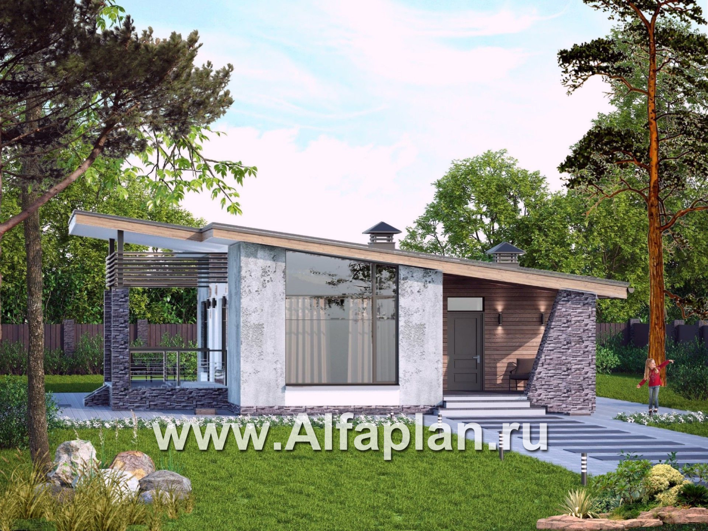Проекты домов Альфаплан - «Корица» - проект дома с односкатной крышей, с двумя спальнями - основное изображение