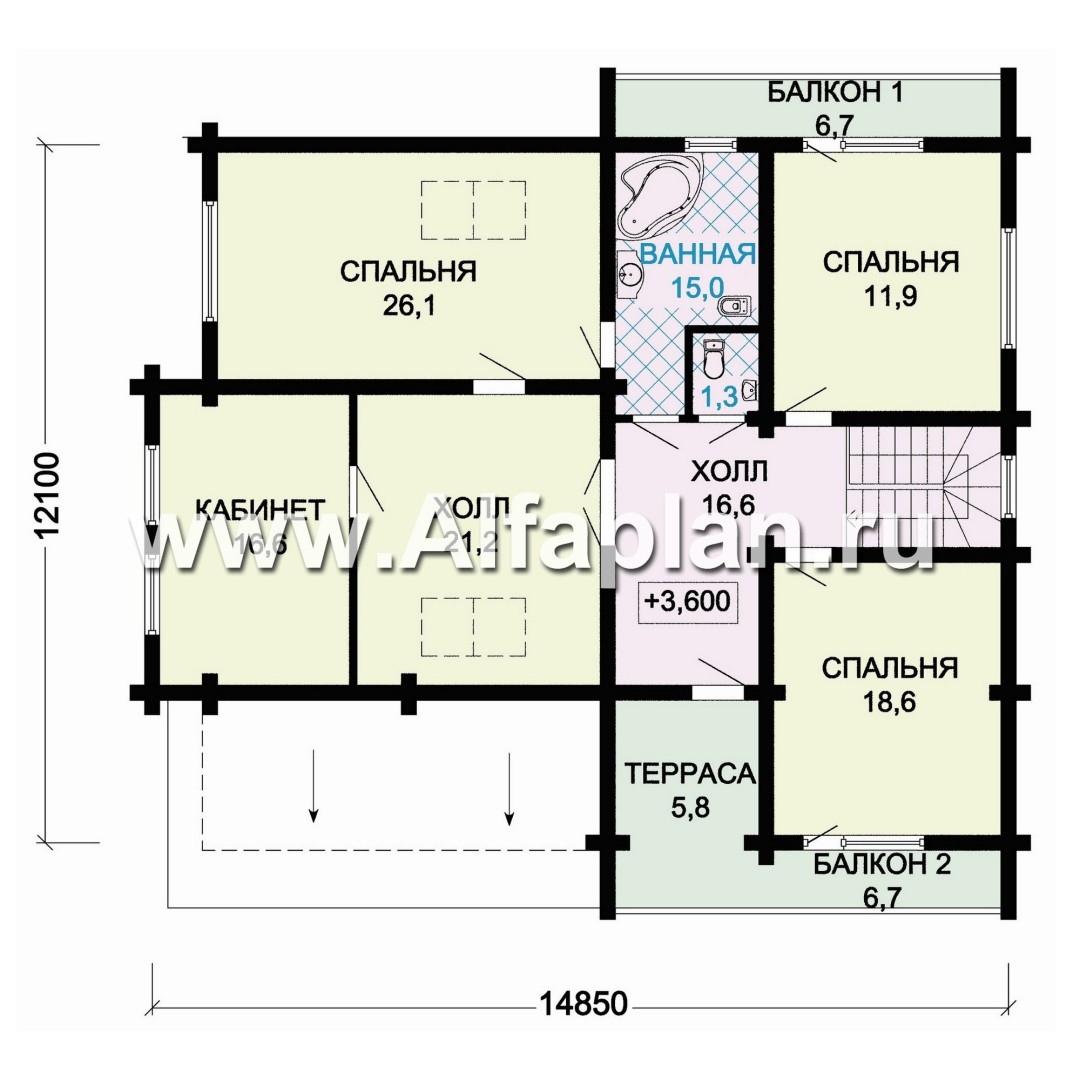«Традиция» - проект дом с мансардой из бревен, на каменном цоколе,  для участков с рельефом - план дома