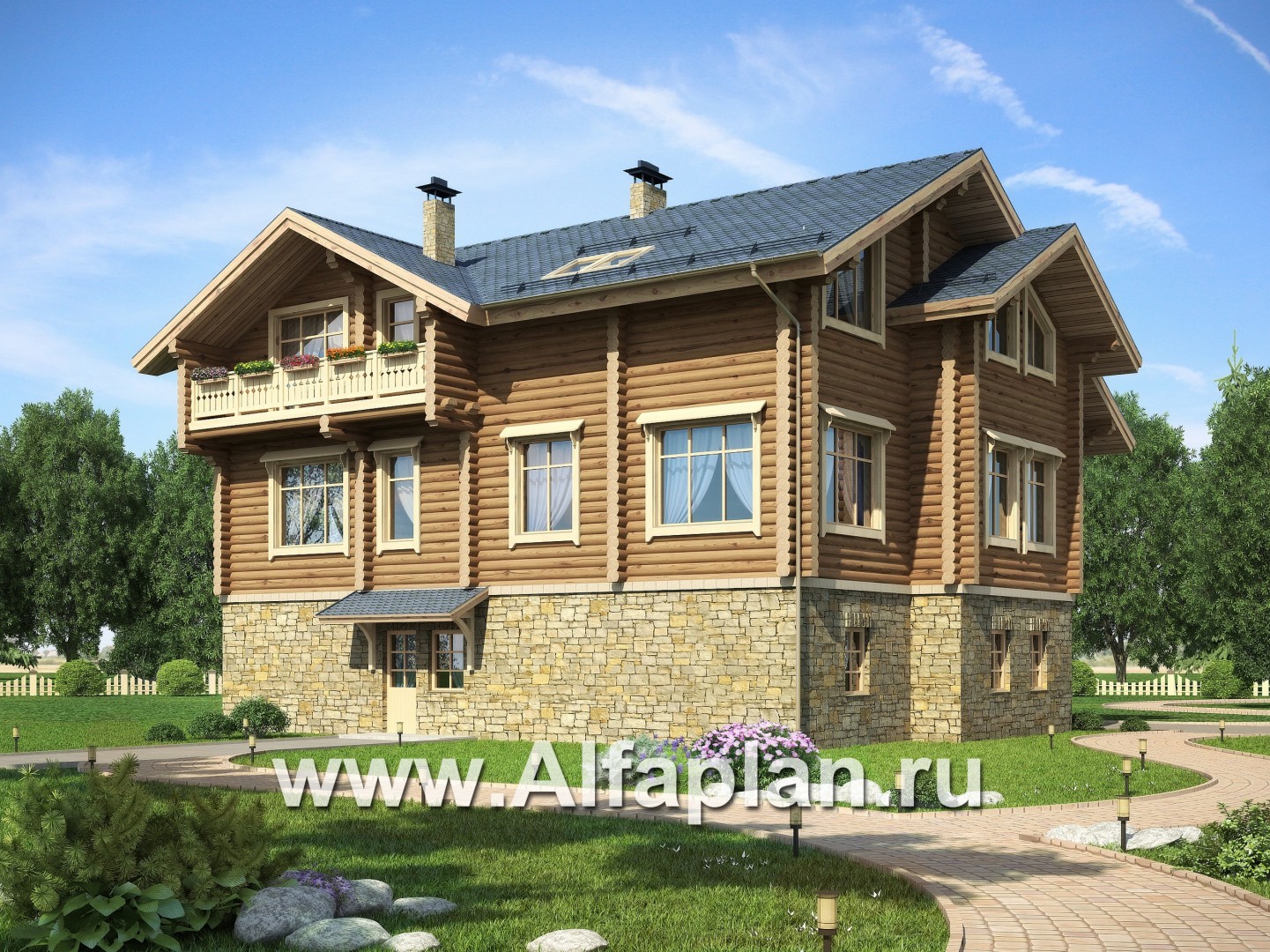 «Традиция» - проект дом с мансардой из бревен, на каменном цоколе,  для участков с рельефом - дизайн дома №1