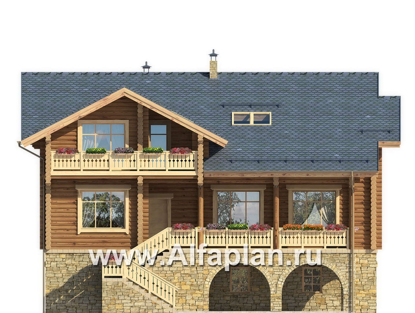 «Традиция» - проект дом с мансардой из бревен, на каменном цоколе,  для участков с рельефом - фасад дома