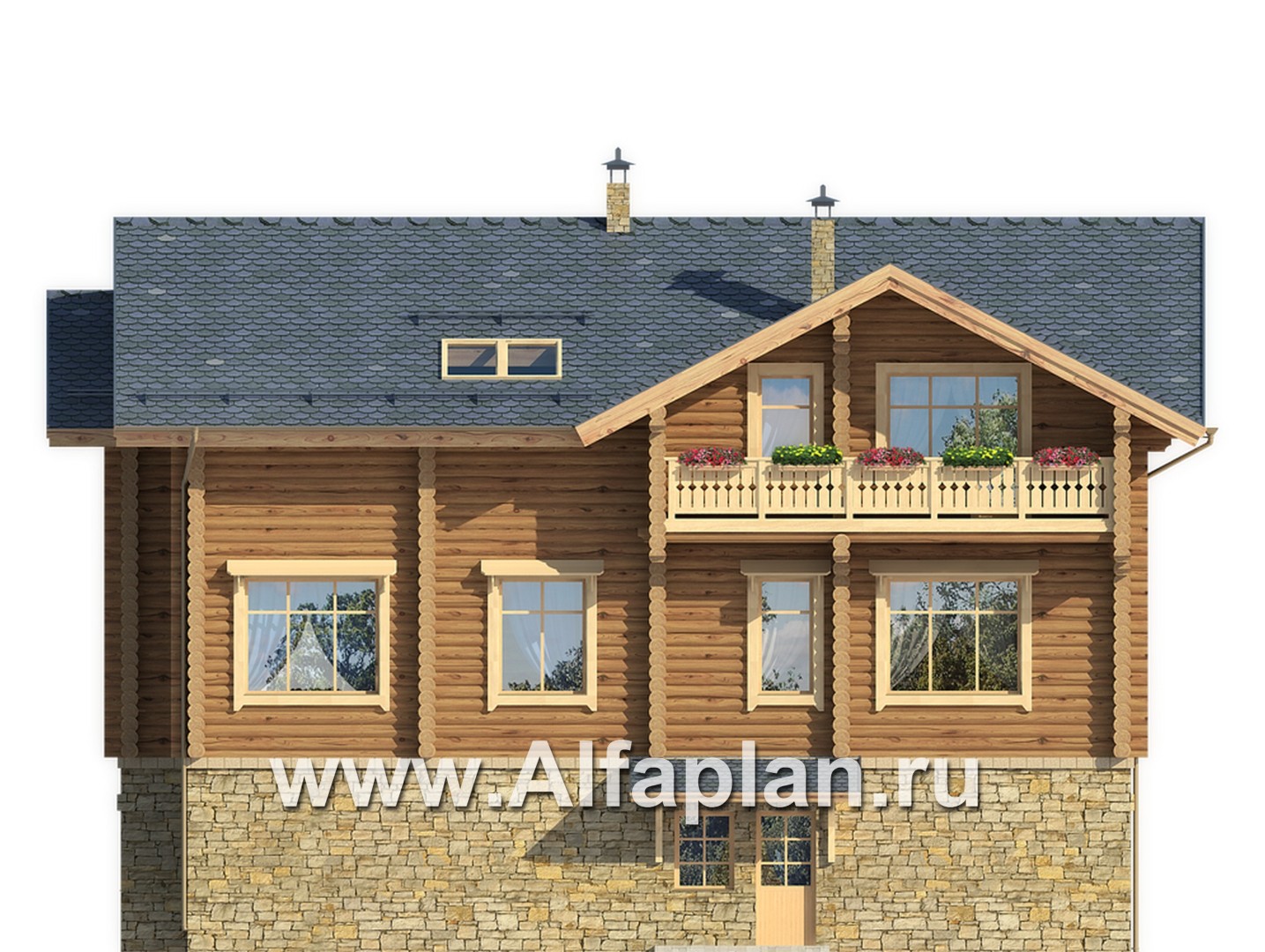 «Традиция» - проект дом с мансардой из бревен, на каменном цоколе,  для участков с рельефом - фасад дома