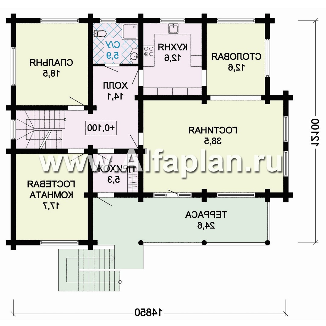 «Традиция» - проект дом с мансардой из бревен, на каменном цоколе,  для участков с рельефом - план дома