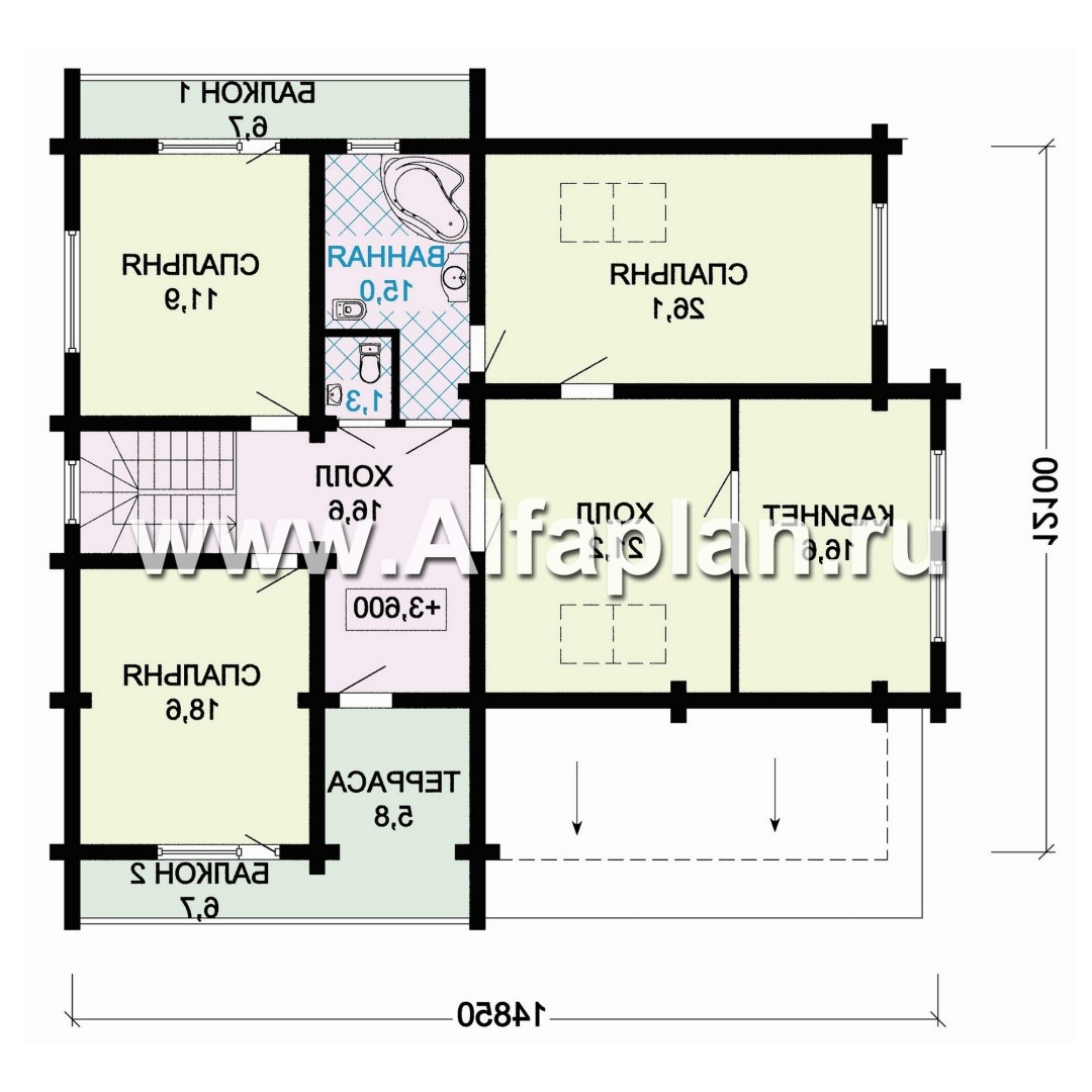 «Традиция» - проект дом с мансардой из бревен, на каменном цоколе,  для участков с рельефом - план дома