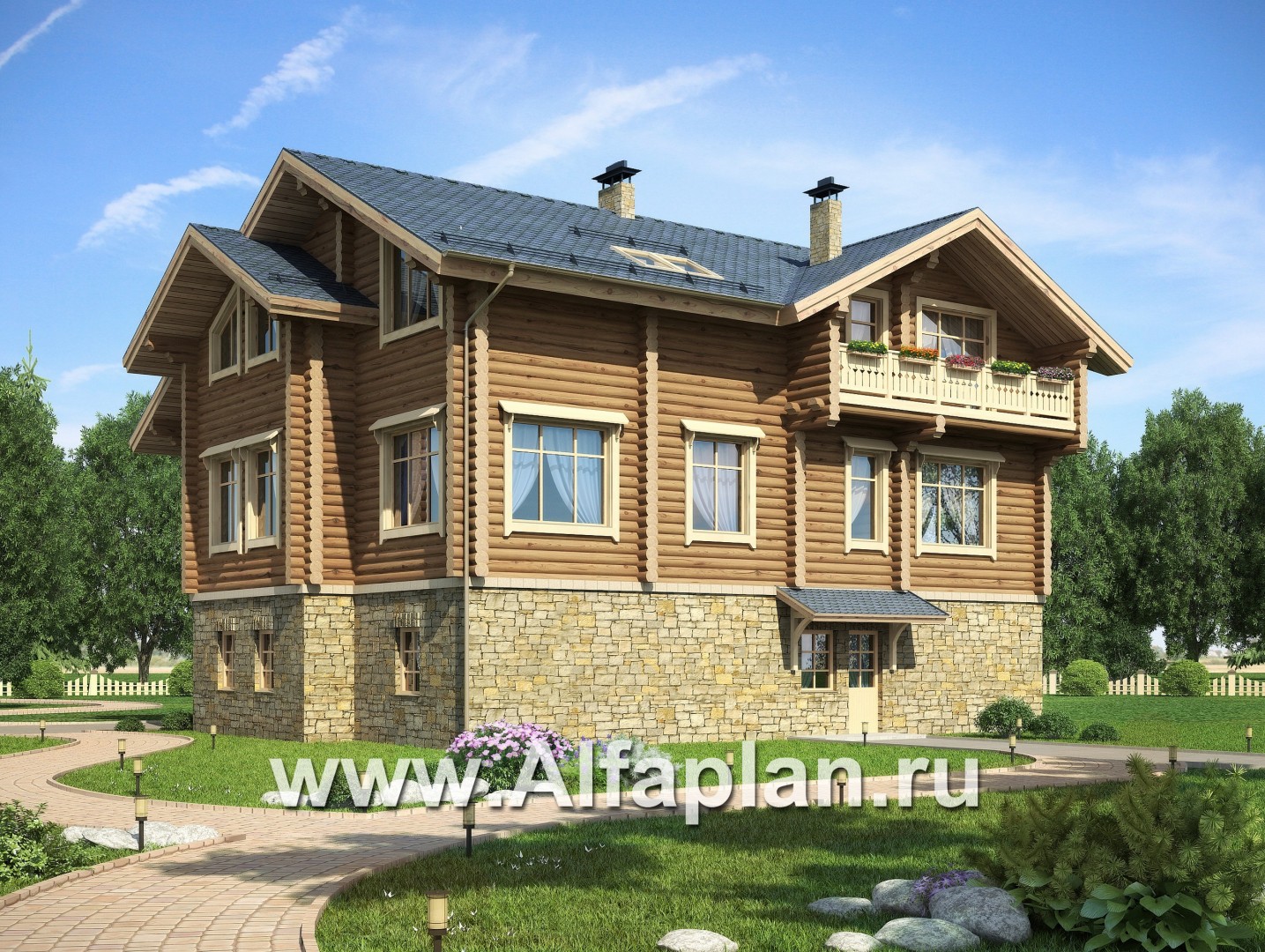 «Традиция» - проект дом с мансардой из бревен, на каменном цоколе,  для участков с рельефом - дизайн дома №1