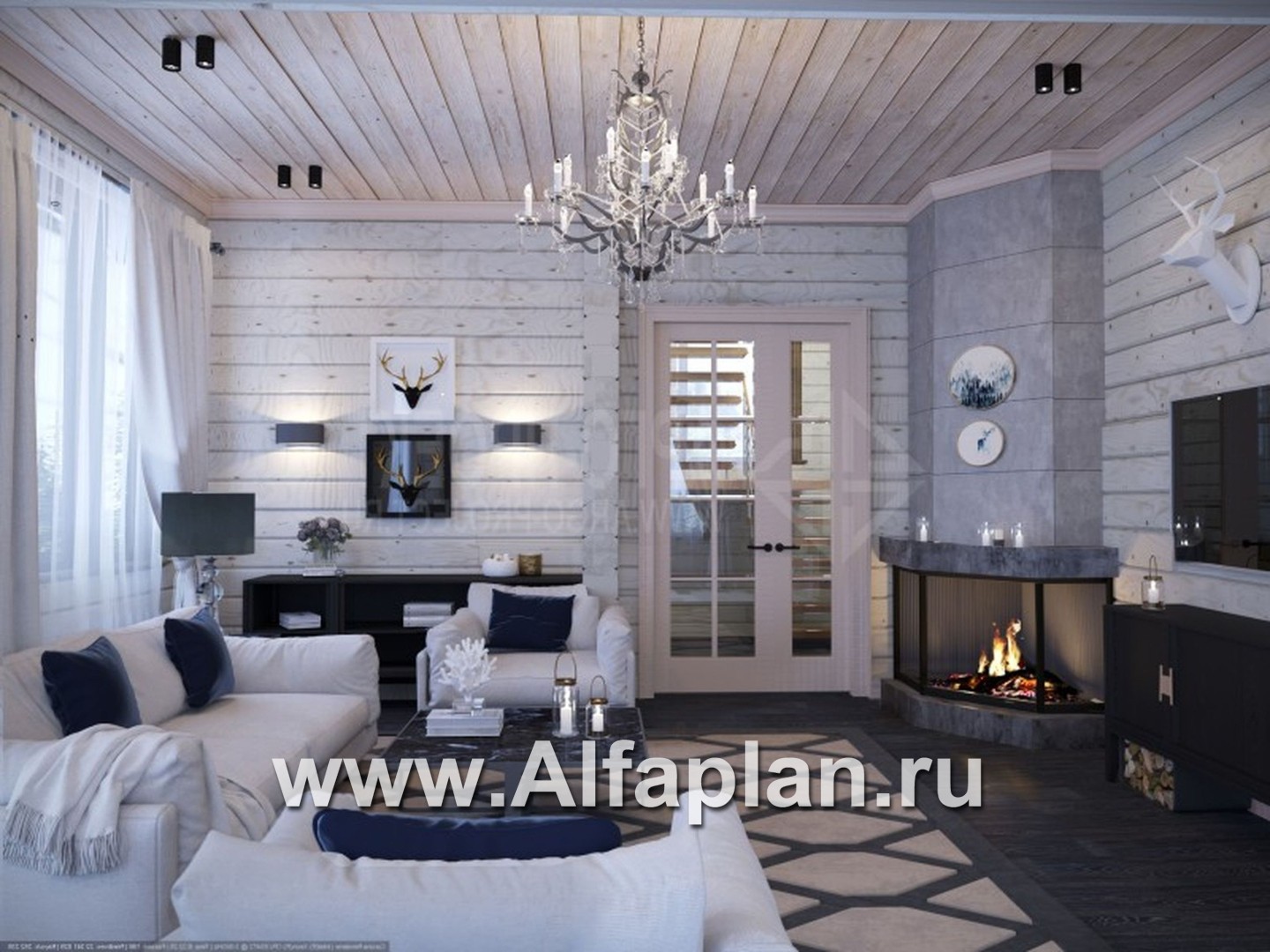 «Традиция» - проект дом с мансардой из бревен, на каменном цоколе,  для участков с рельефом - дизайн дома №3