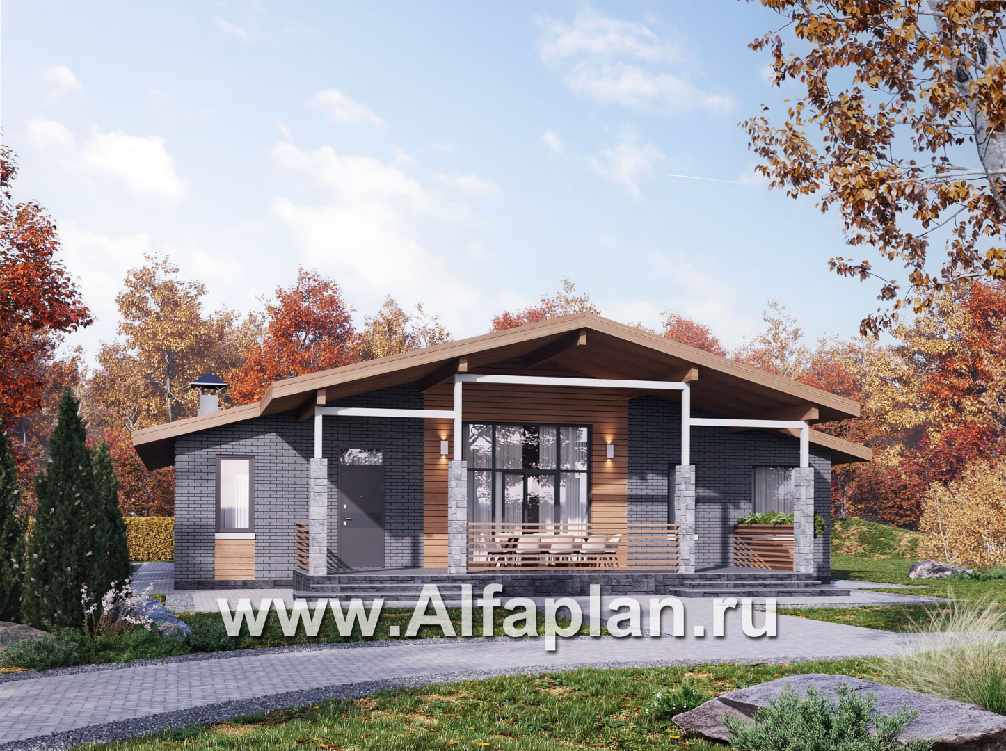 Проекты домов Альфаплан - "Форест" - проект одноэтажного дома с большой террасой - основное изображение
