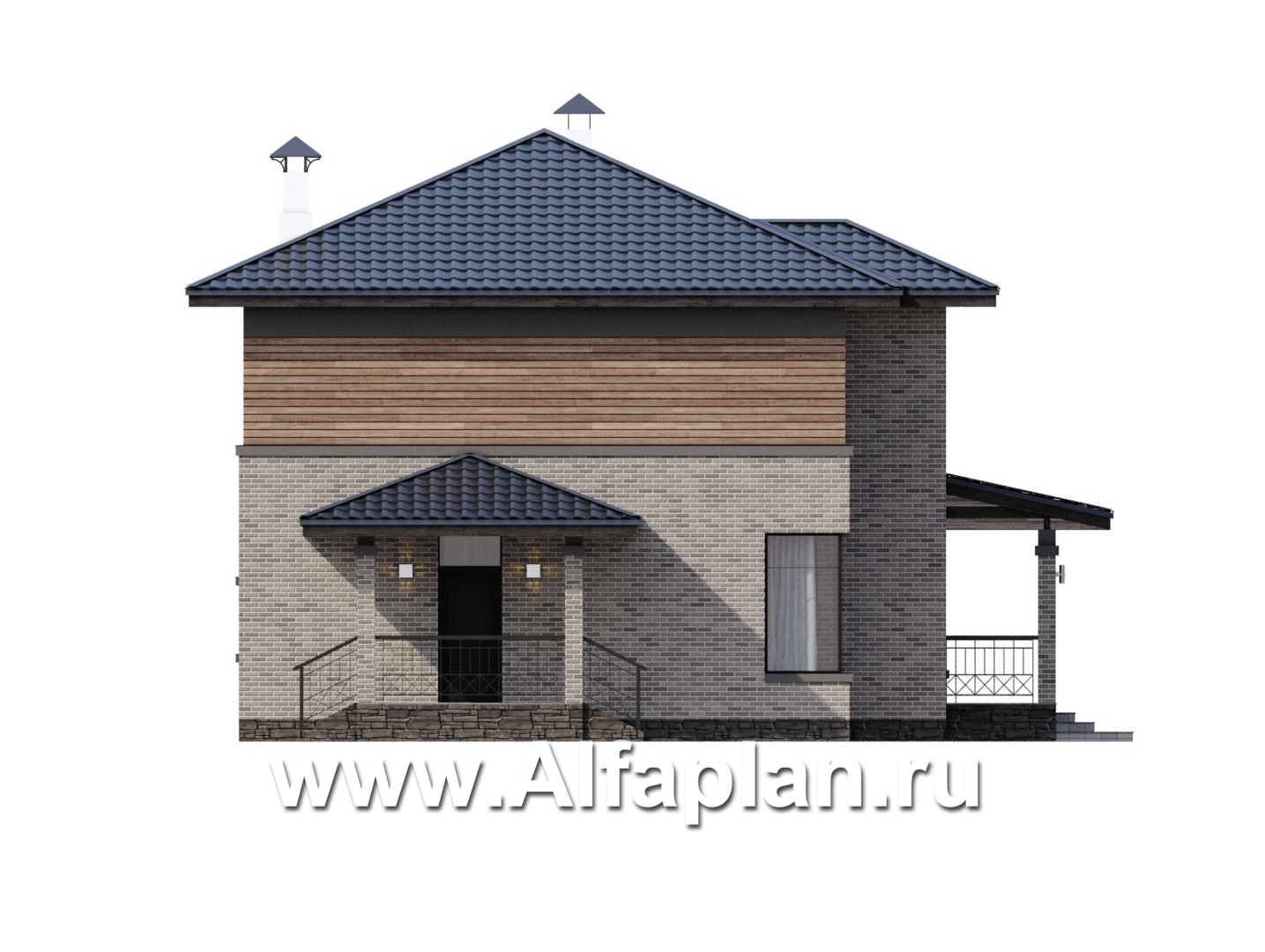 «Триггер роста» - проект двухэтажного дома из блоков, с террасой и вторым светом, в стиле Райта - фасад дома