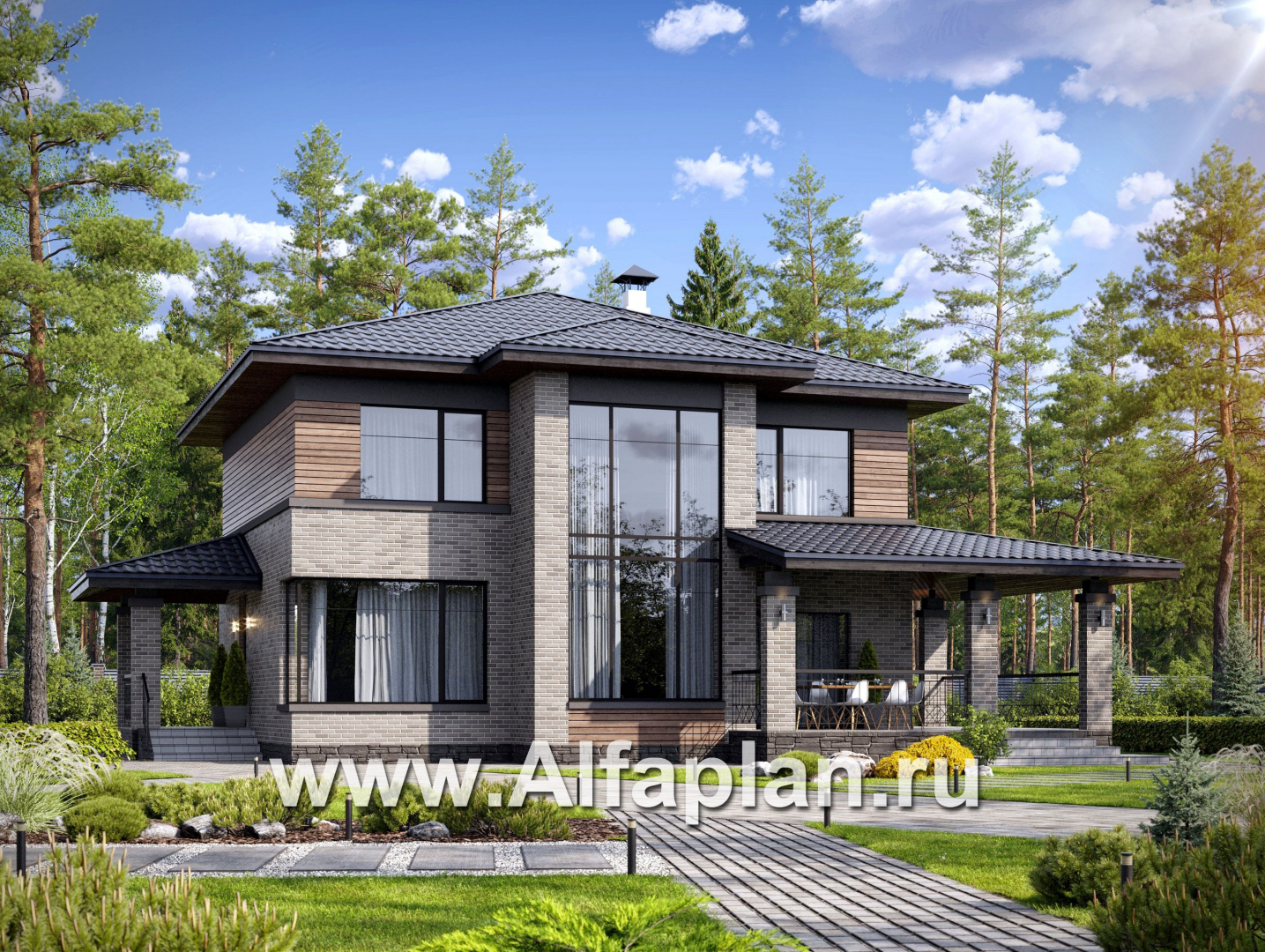 «Триггер роста» - проект двухэтажного дома из блоков, с террасой и вторым светом, в стиле Райта - основное изображение