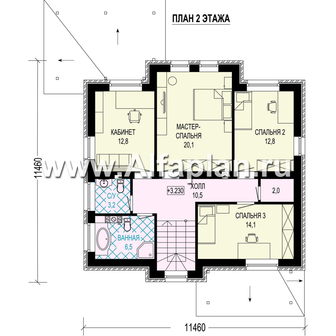 Проект двухэтажного дома, с кабинетом на 1 эт и с террасой, в современном стиле - план дома