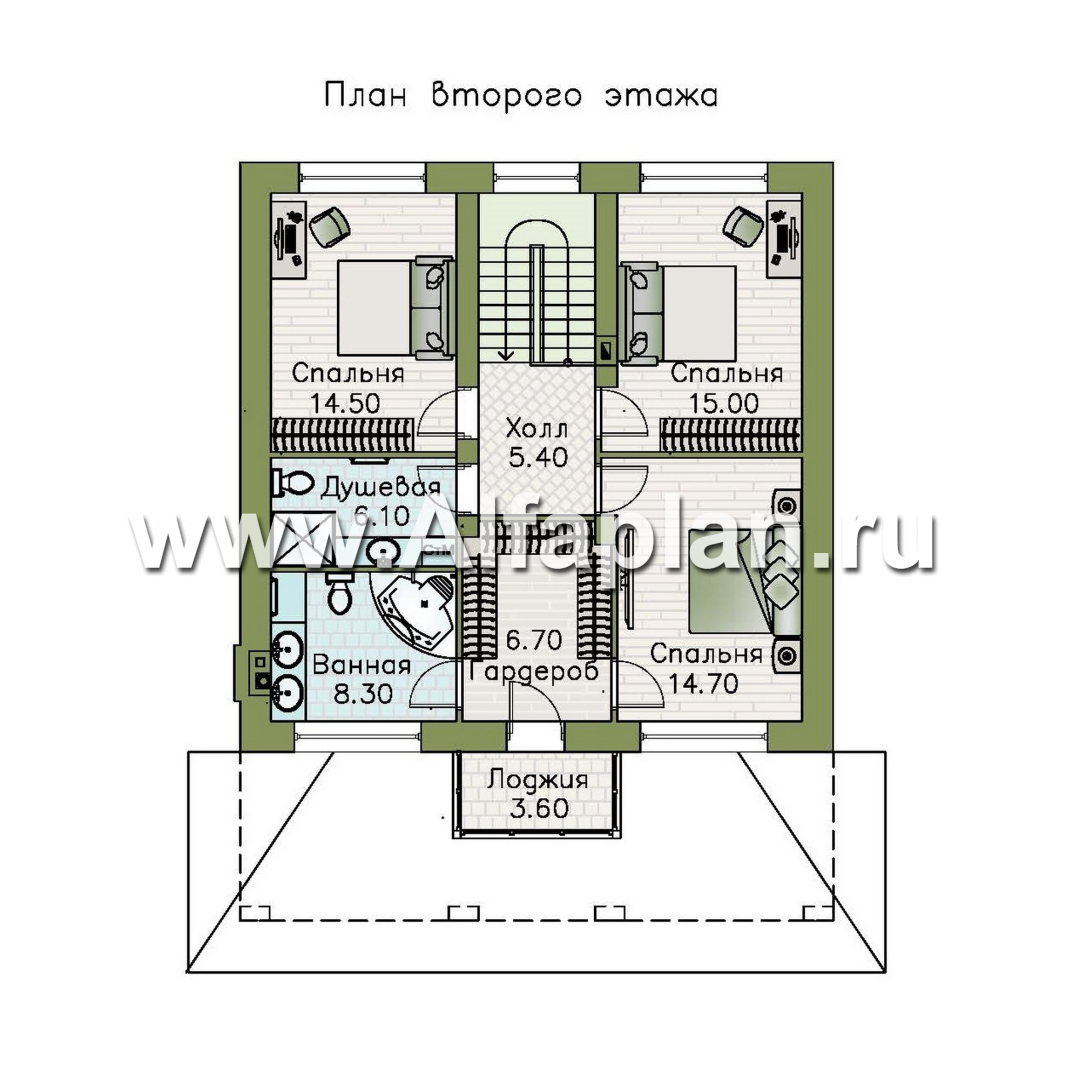 «Невада» - проект двухэтажного дома из газобетона, с террасой со стороны входа, в стиле Райта - план дома