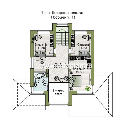 «Монтана» - проект двухэтажного дома из кирпича, со вторым светом и с террасой, в стиле Райта - превью план дома