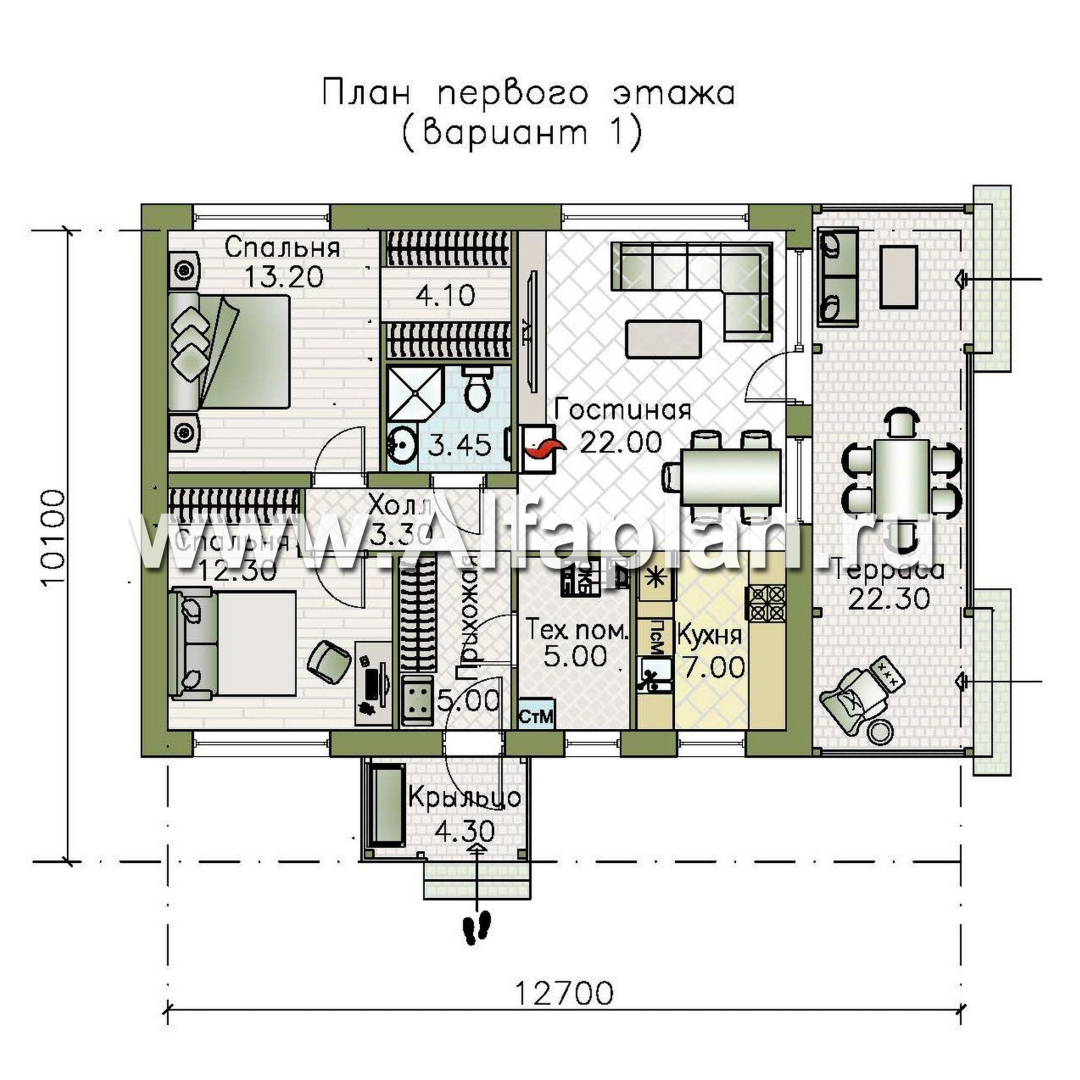 Изображение плана проекта «Литен» - проект простого одноэтажного дома, планировка 2 спальни, с террасой и двускатной крышей №1