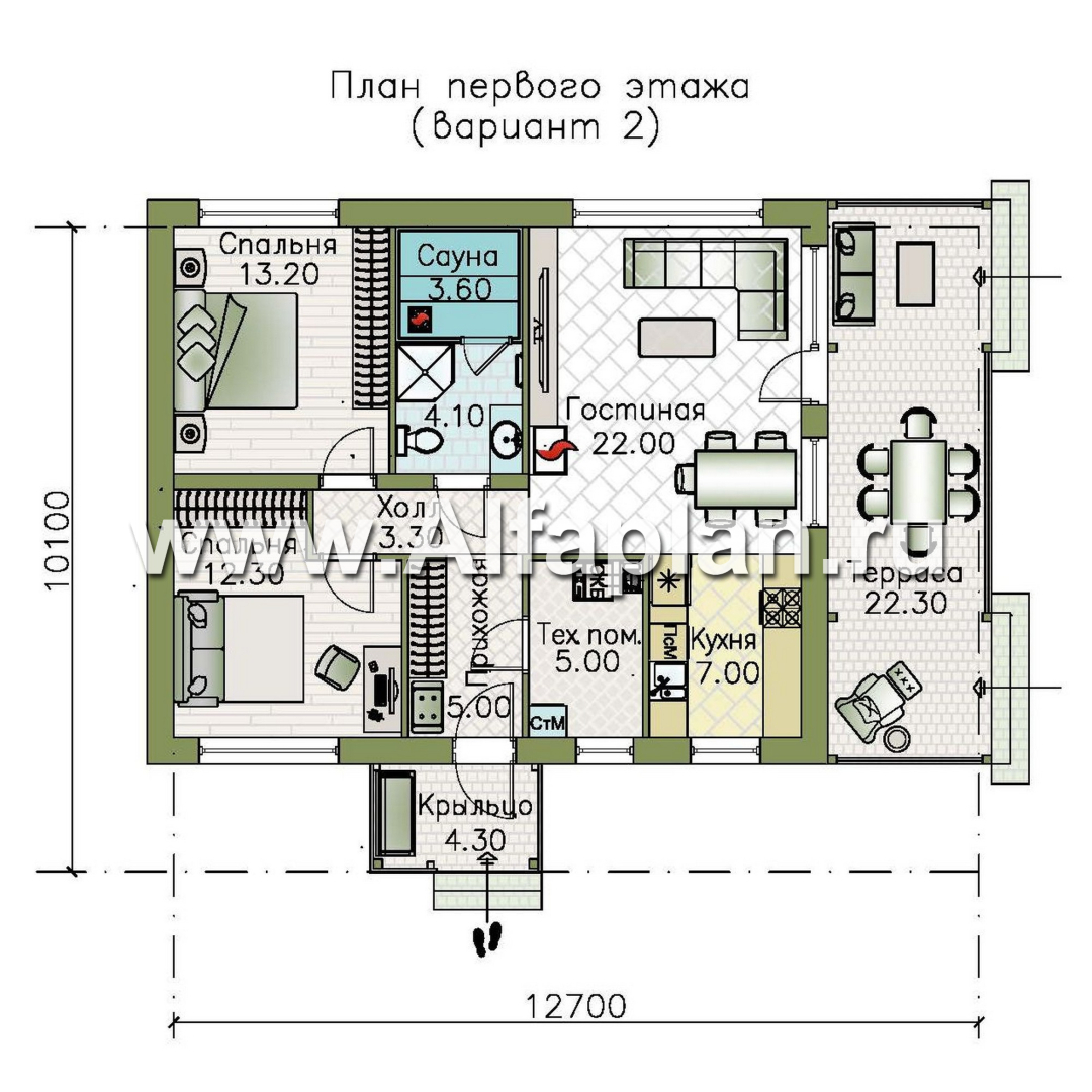 Изображение плана проекта «Литен» - проект простого одноэтажного дома, планировка 2 спальни, с террасой и двускатной крышей №2