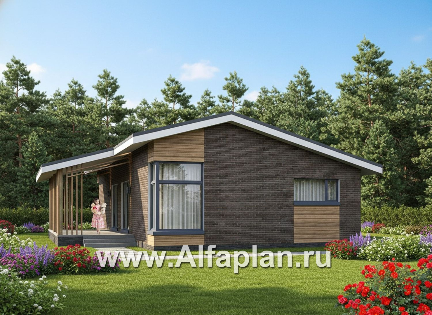 «Алладин» - проект одноэтажного дома, мастер спальня, с террасой и красивым потолком гостиной со стропилами - дизайн дома №1