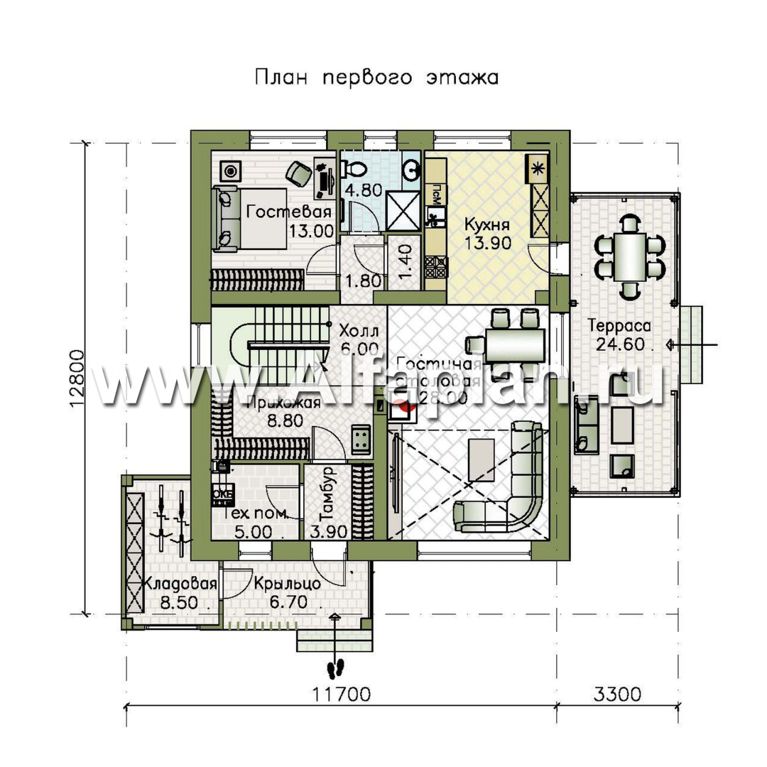 «Коронадо» - проект дома, 2 этажа, со вторым светом гостиной, с террасой и плоской крышей, в стиле хай-тек - план дома