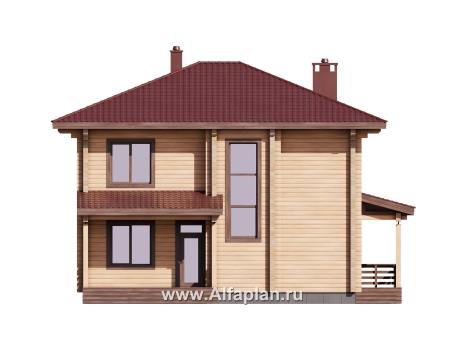 Проект двухэтажного дома из клееного бруса, планировка со спальней на 1 эт, с террасой - превью фасада дома