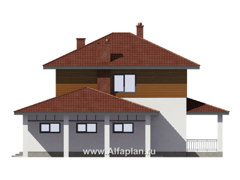 Проект загородного дома, c кабинетом на 1 эт и с террасой, гараж на 1 авто + навес на 2 авто - превью фасада дома