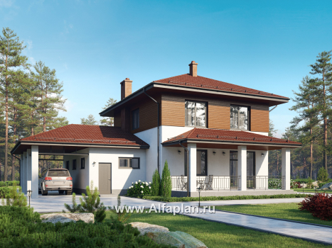 Проект загородного дома, c кабинетом на 1 эт и с террасой, гараж на 1 авто + навес на 2 авто - превью дополнительного изображения №1