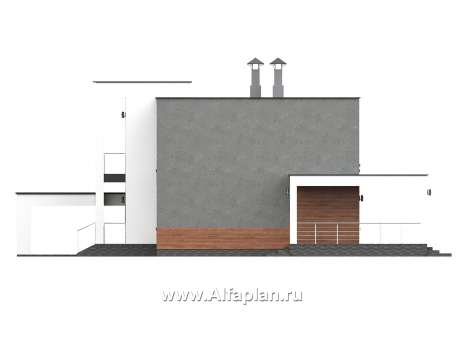 «Вермеер» - проект двухэтажного дома, планировка с мастер спальней, со вторым светом и с террасой, в стиле минимализм с плоской крышей - превью фасада дома