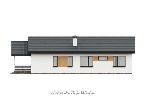 "Золотые поля" - проект одноэтажного дома, планировка мастер спальня и две детских, с террасой и двускатной крышей - превью фасада дома