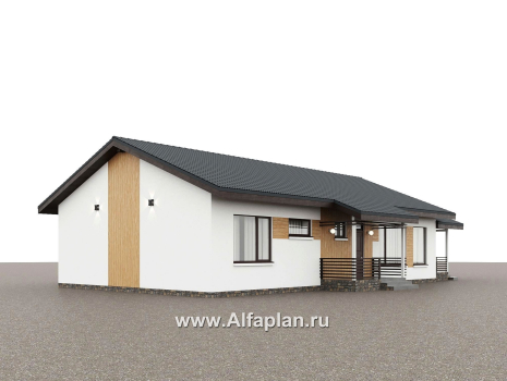 "Золотые поля" - проект одноэтажного дома, планировка мастер спальня и две детских, с террасой и двускатной крышей - превью дополнительного изображения №1