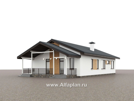 "Золотые поля" - проект одноэтажного дома, планировка мастер спальня и две детских, с террасой и двускатной крышей - превью дополнительного изображения №2