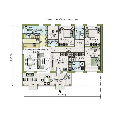 «Золотые поля» - проект одноэтажного дома, планировка мастер спальня и две детских, терраса со стороны входа - превью план дома