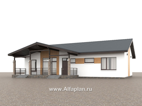 «Золотые поля» - проект одноэтажного дома, планировка мастер спальня и две детских, терраса со стороны входа - превью дополнительного изображения №1