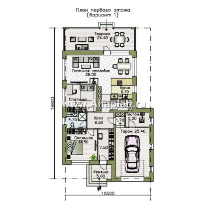 «Свежесть» - проект одноэтажного дома из газобетона, с террасой и с гаражом, с односкатной крышей [Копия от 07.11.2023 10:54:50] - превью план дома