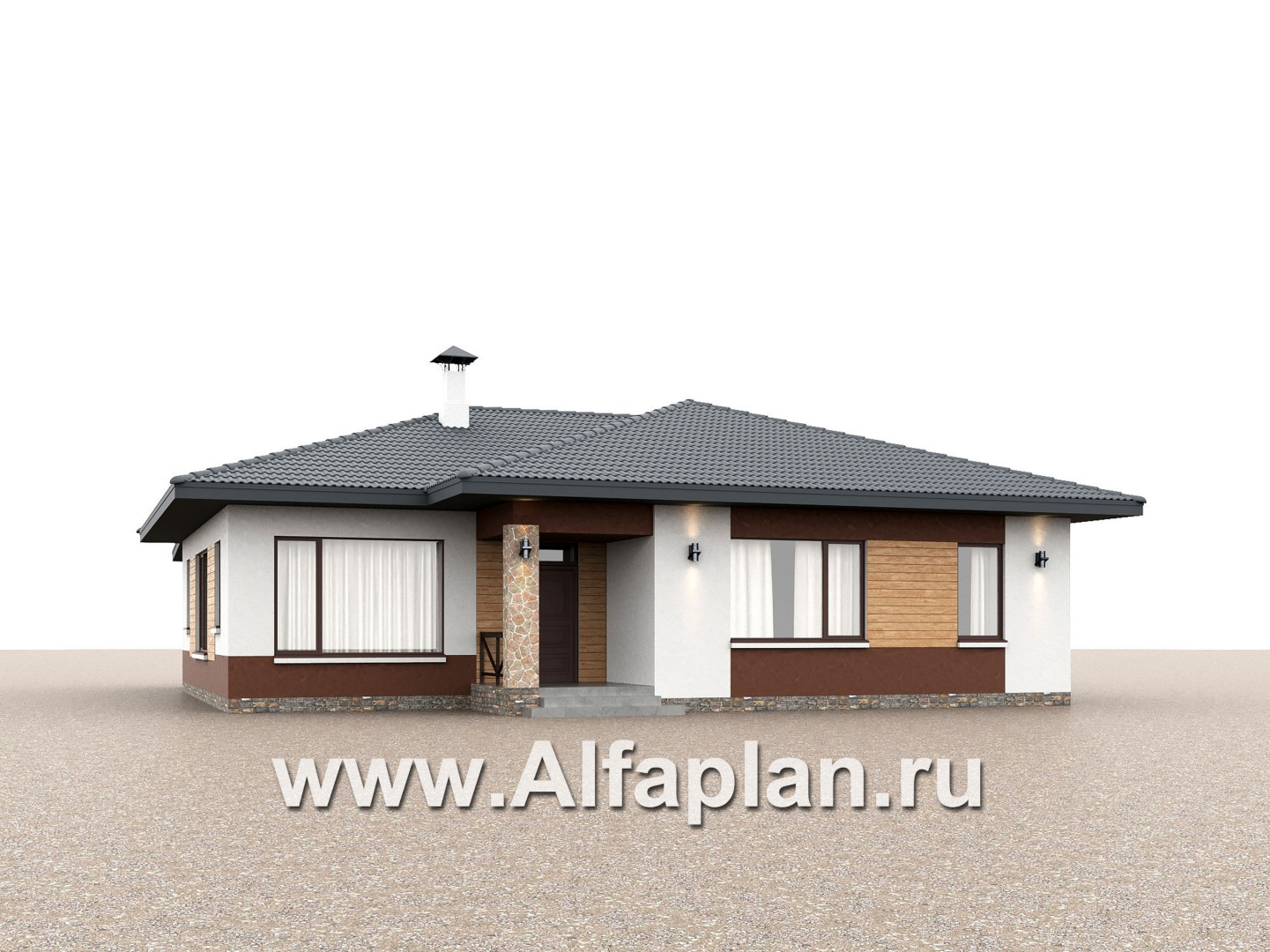 «Глория» - проект одноэтажного дома, c террасой, планировка мастер спальня, гардероб и постирочная, 3 спальни - дизайн дома №1