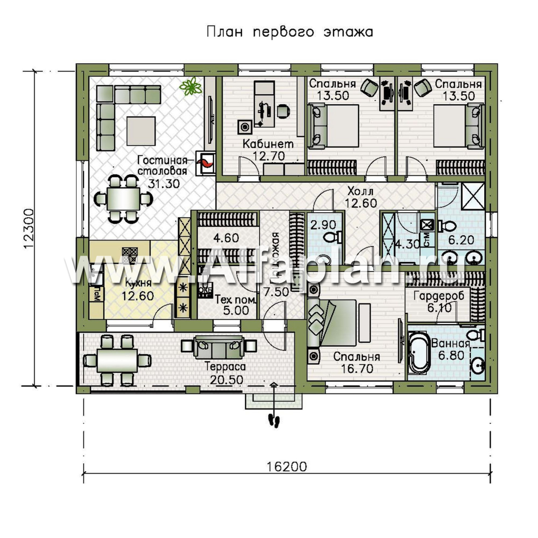 «Serenity» - проект одноэтажного дома, терраса со стороны входа, планировка мастер спальня, 4 спальни - план дома