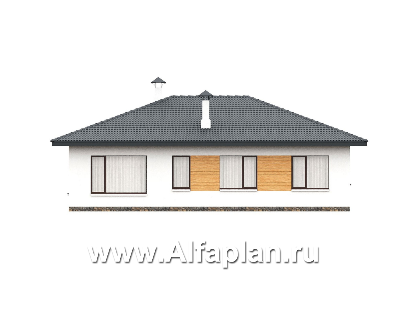 «Глория» - проект одноэтажного дома, терраса со стороны входа, планировка мастер спальня, 3 спальни - фасад дома