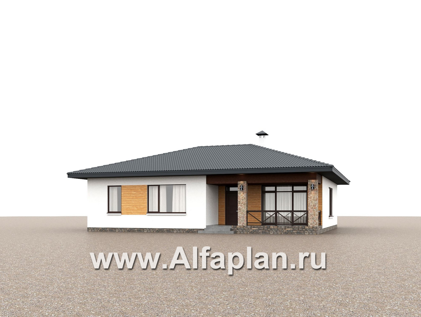 «Глория» - проект одноэтажного дома, терраса со стороны входа, планировка мастер спальня, 3 спальни - дизайн дома №1