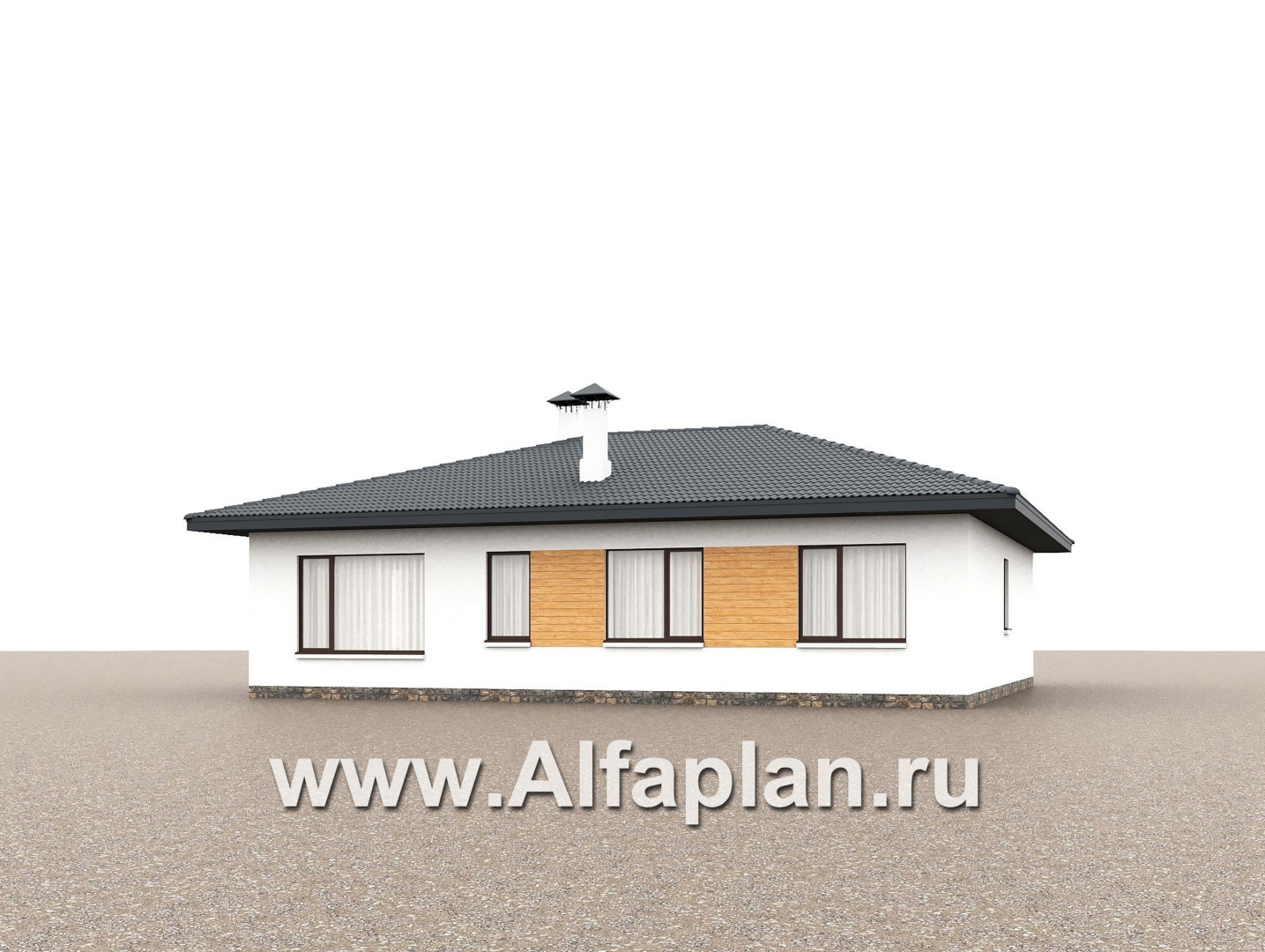 «Глория» - проект одноэтажного дома, терраса со стороны входа, планировка мастер спальня, 3 спальни - дизайн дома №2