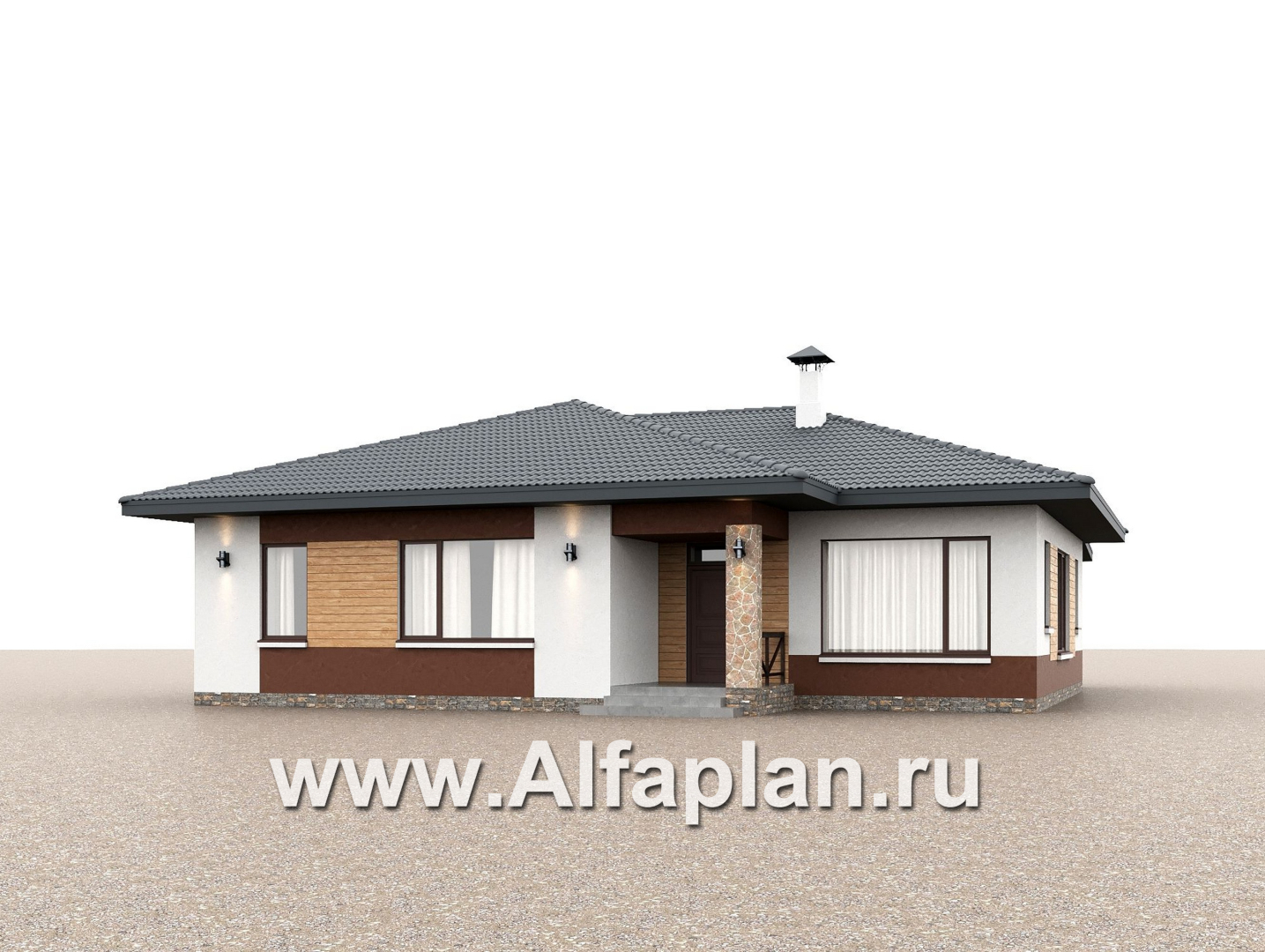 «Глория» - проект одноэтажного дома, c террасой, планировка мастер спальня, гардероб и постирочная, 3 спальни - дизайн дома №1