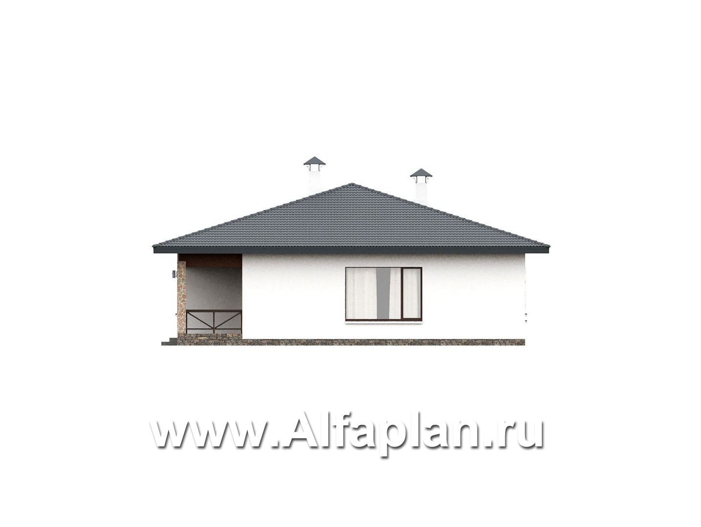 «Serenity» - проект одноэтажного дома, терраса со стороны входа, планировка мастер спальня, 4 спальни - фасад дома