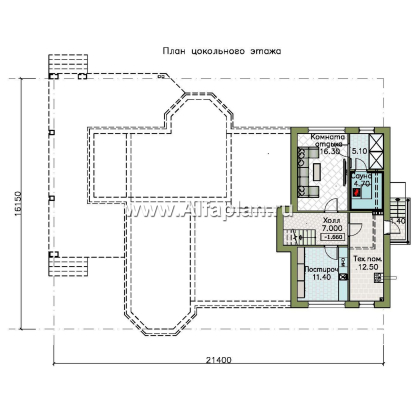«Ной и команда» - проект полутораэтажного коттеджа, планировка мастер спальня, с эркером и с террасой, с сауной в цоколе - превью план дома