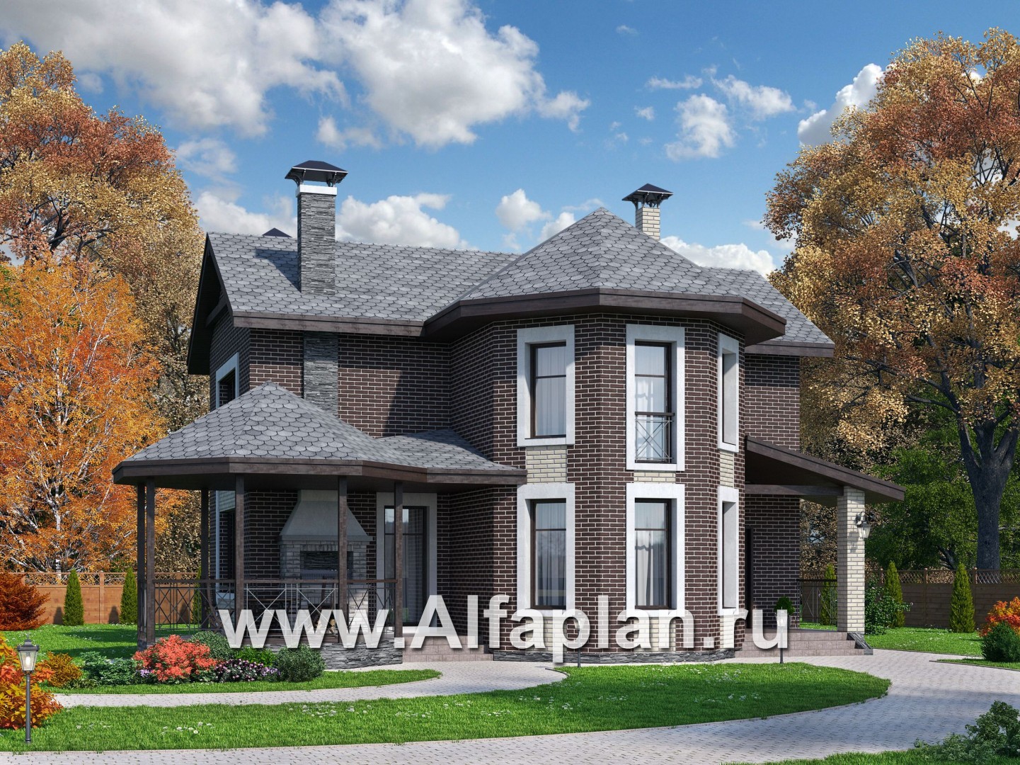 Проекты домов Альфаплан - «Притяжение» - красивый коттедж с эркером и террасой-беседкой - основное изображение