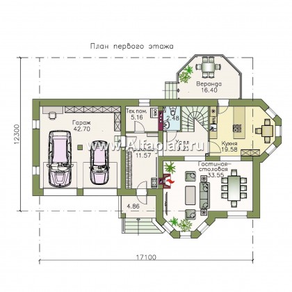 «Классика» - проект двухэтажного дома с эркером, планировка с террасой и с гаражом на 2 авто - превью план дома