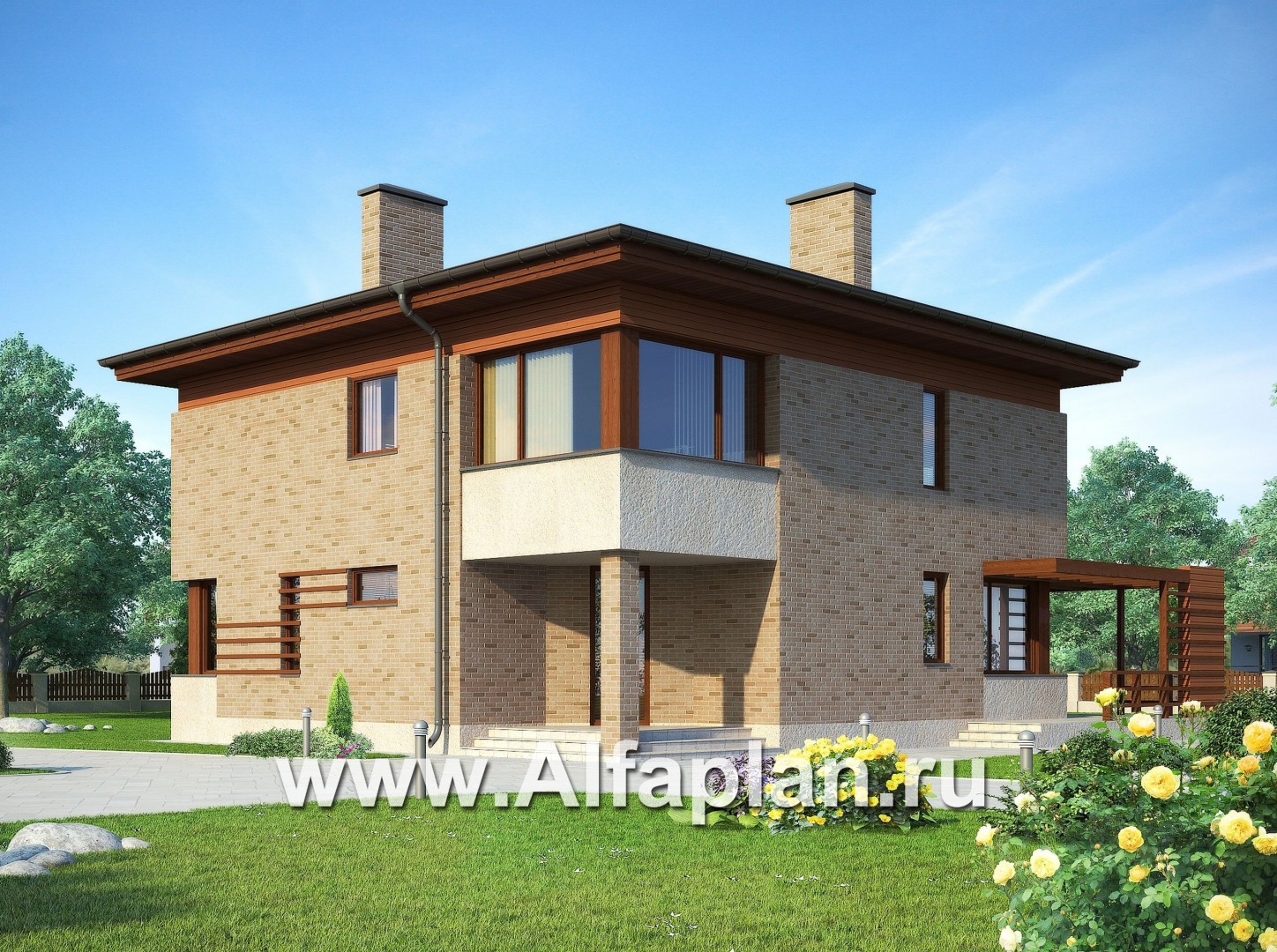 Проект двухэтажного дома, с кабинетом и с террасой, вход с угла, в современном стиле - дизайн дома №1