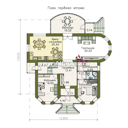 «Амбиент»- проект двухэтажного дома с эркером и с террасой, открытая планировка, в стиле замка - превью план дома
