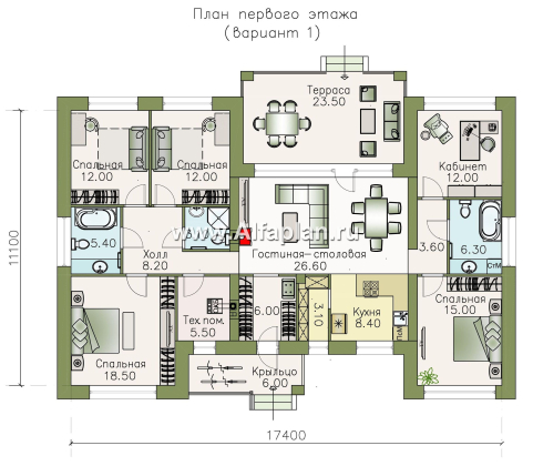 «Ангара» - проект просторного одноэтажного дома, 5 спален, планировка дома с террасой - превью план дома