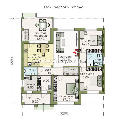 Проекты домов Альфаплан - «Жасмин» - одноэтажный дом в классическом стиле - превью плана проекта №1