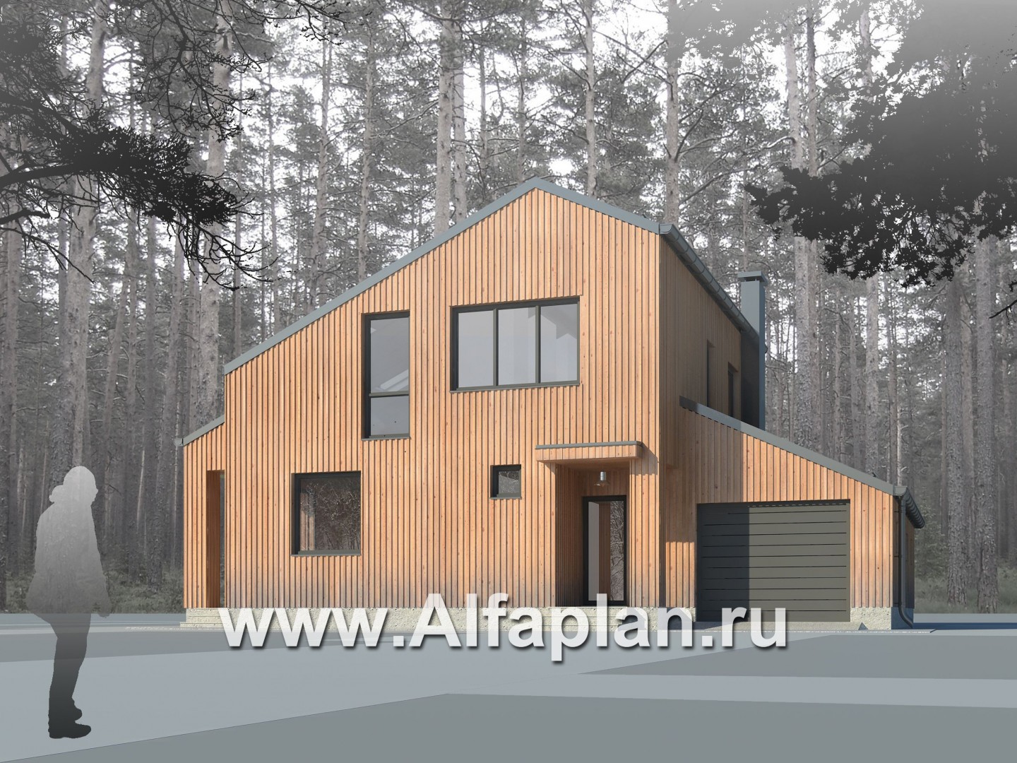 Проект дома с мансардой, планировка с кабинетом и с гаражом на 1 авто, в современном стиле - основное изображение