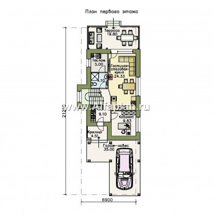 Проекты домов Альфаплан - «Арс» - дом с гаражом-навесом для узкого участка - превью плана проекта №1