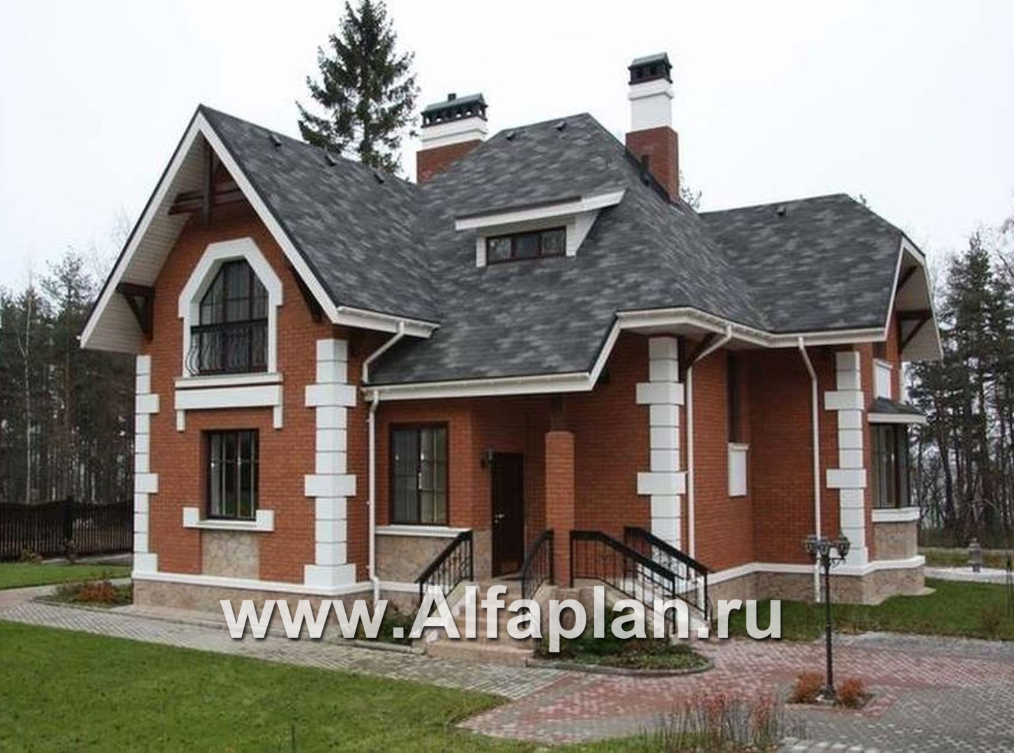 «Приорат» - проект дома с мансардой, кабинет на 1 эт, с террасой и с эркером, суперхит стройплощадок! - основное изображение