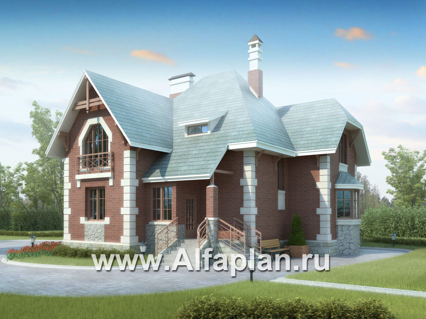 Проекты домов Альфаплан - «Приорат» - двухэтажный коттедж с рустовкой - основное изображение