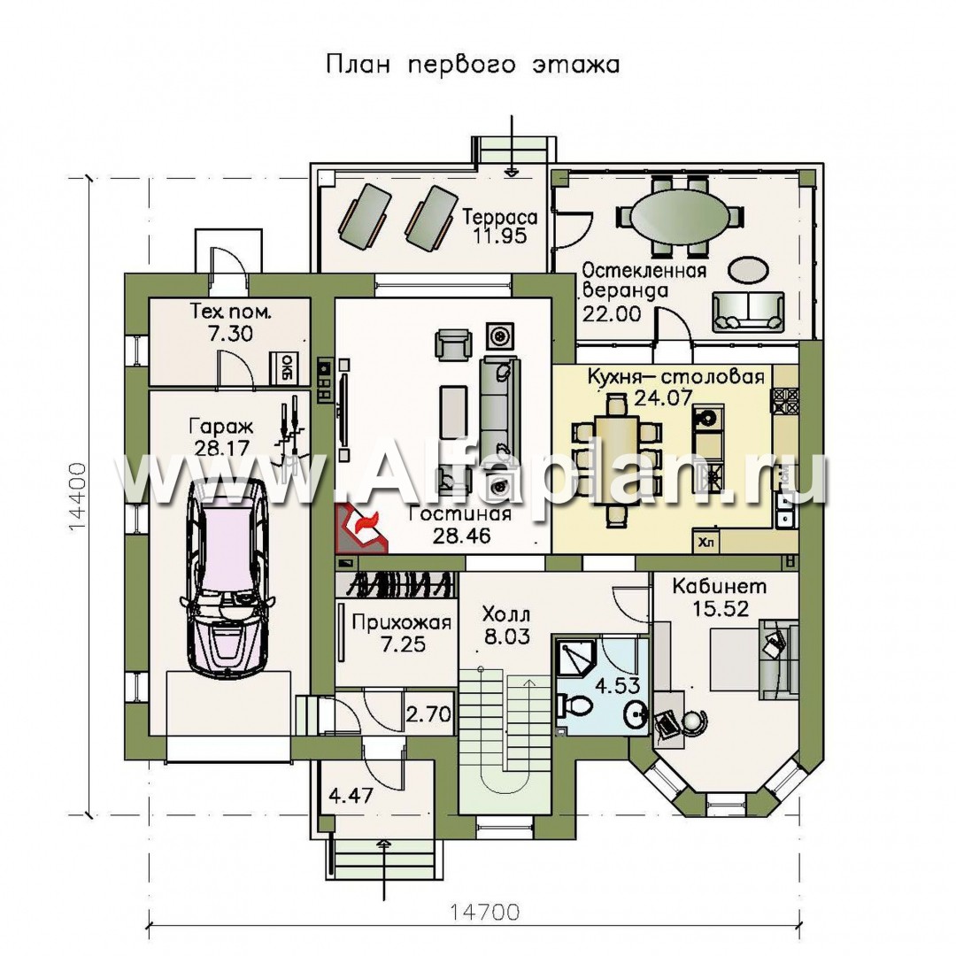 Проекты домов Альфаплан - «Амадей» - изысканный комфортный коттедж с гаражом - план проекта №1