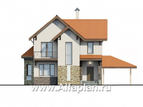«Pro vita» - проект двухэтажного дома из кирпича, с удобной планировкой, навес на 1 авто - превью фасада дома